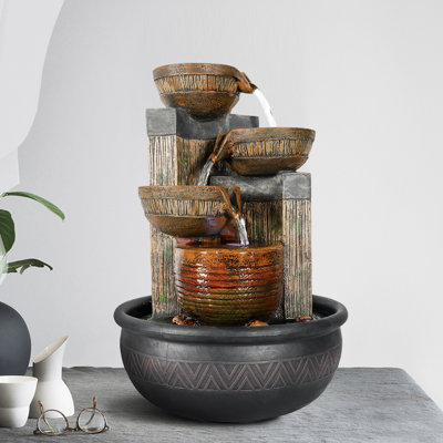 Fontaine d'intérieur à cascade de table à 4 niveaux de 15,7 po Fountains avec lumières DEL pour bureau à domicile | Résine | Brun noyer