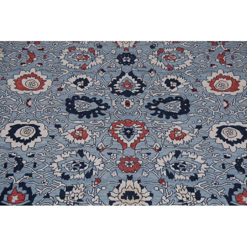 Tapis beige / ivoire / bleu en laine noué à la main de conception unique 9 pi x 11 pi 9 po