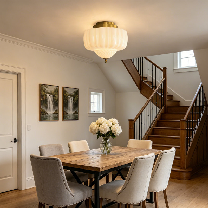 Milk Glass Semi Flush Mount Ceiling Light, Gold