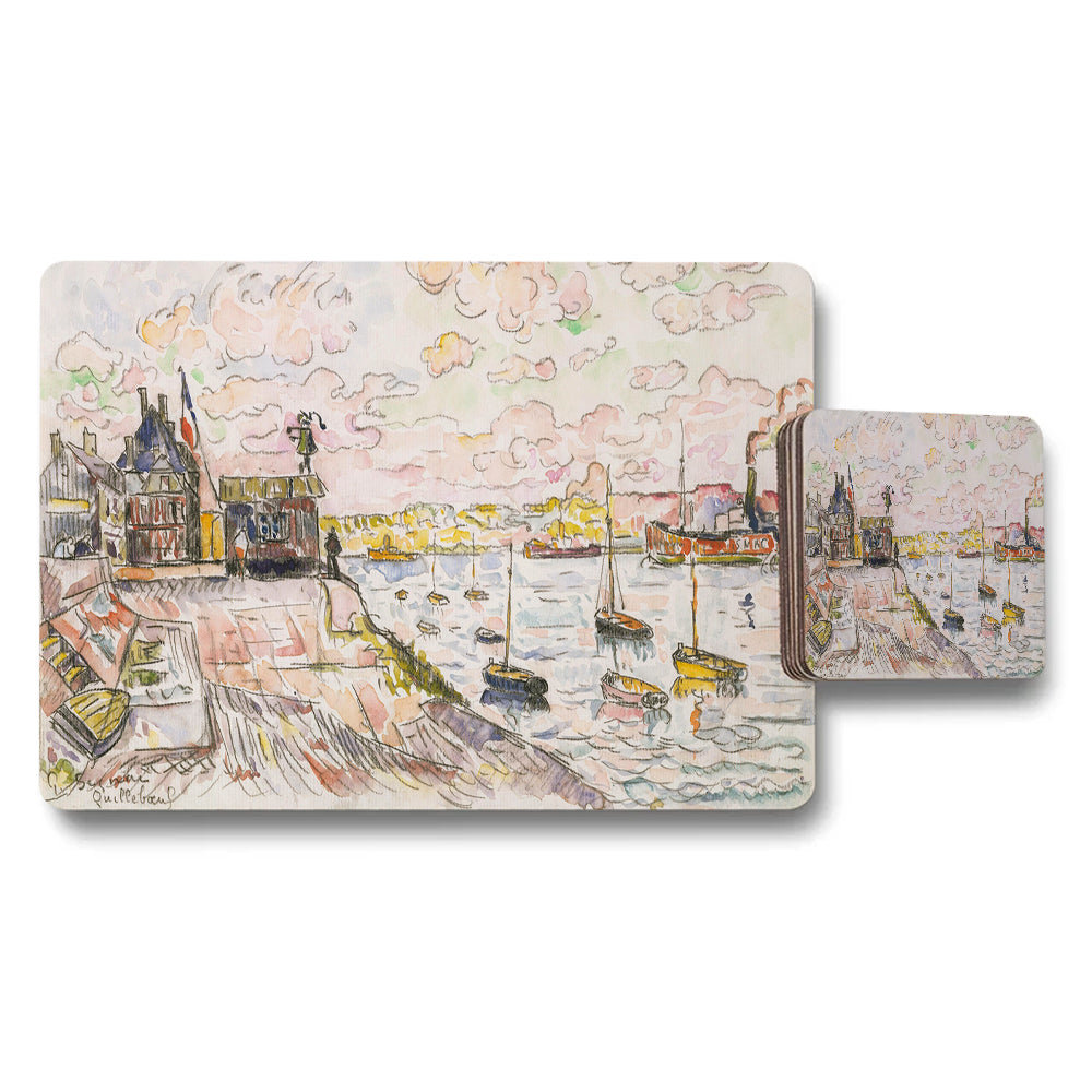Harbor Scene Placemats And Coasters Set With Impressionist Painting