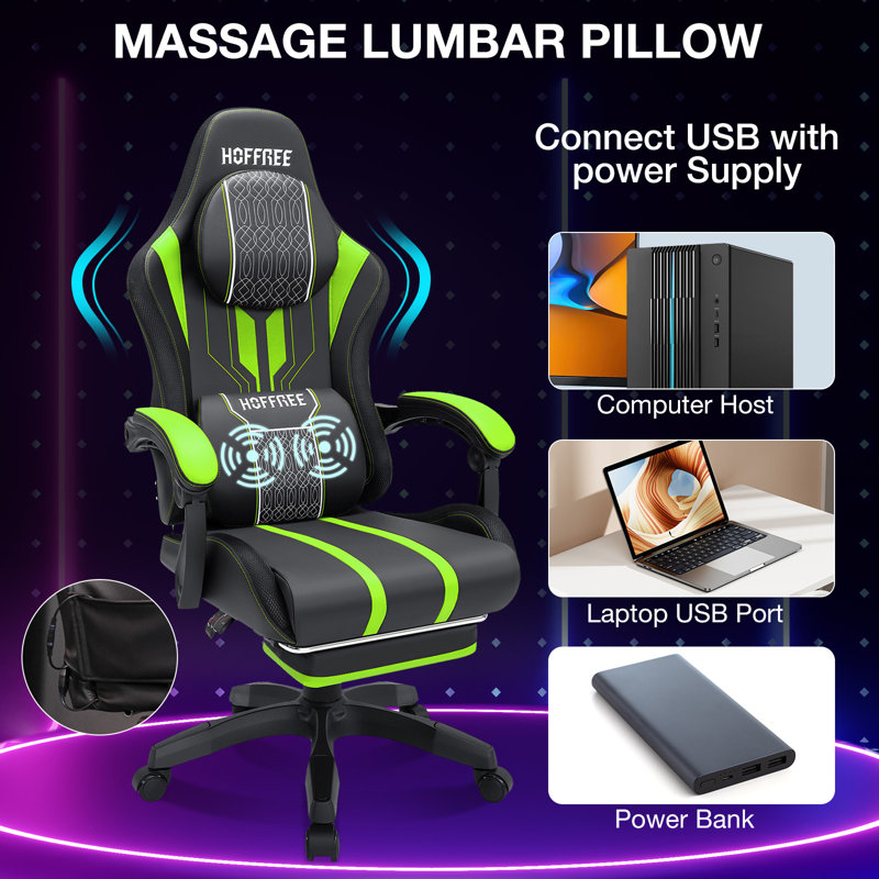 Inbox Zero Ergonomic Gaming Chair with Speakers RGB LED Lights and Massage, Green