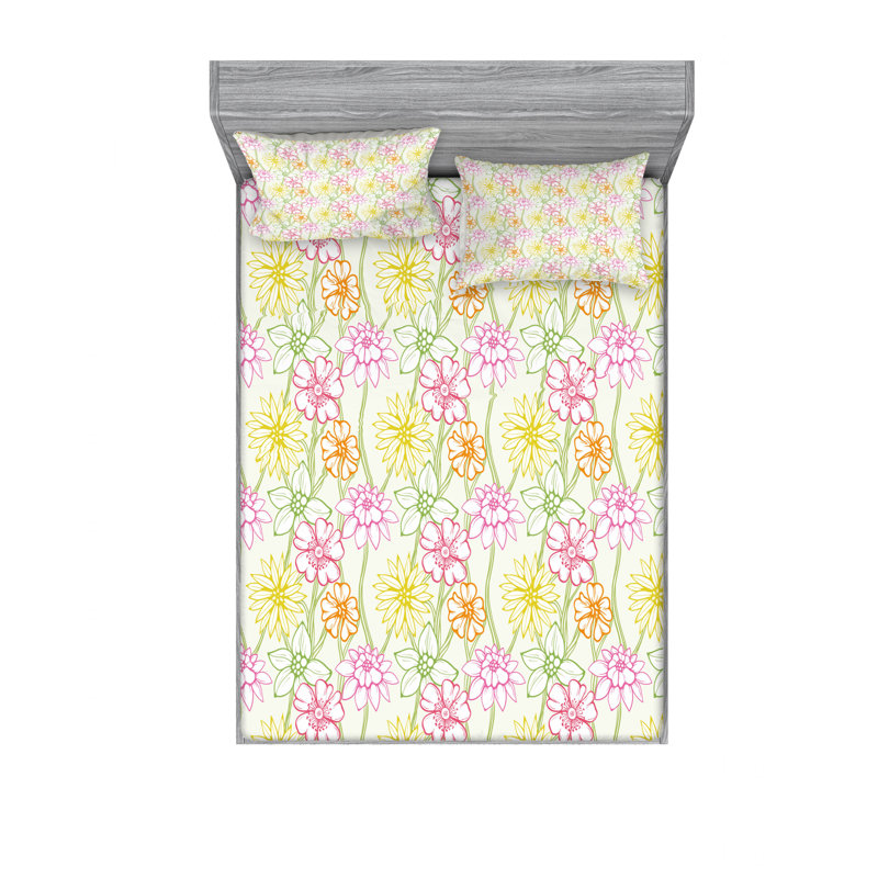 Ensemble de draps floraux dessinés à la main, Ensemble de drap pour grand lit avec drap-housse