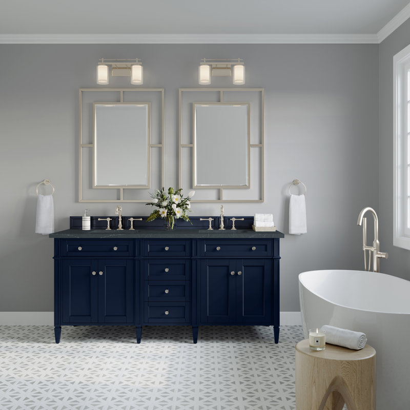 Meuble-lavabo double l 72 po Dussault, Bleu victoire, Pierre de savon anthracite, 8 po