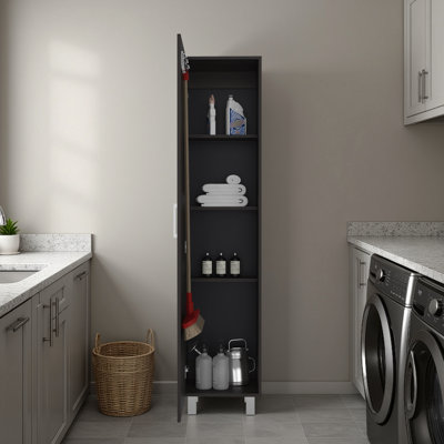 Armoire de rangement autoportante avec porte simple haute, 4 tablettes intérieures, composants en métal, panneau de particules en chêne foncé, fermée pour organiser les articles dans les pieds de n'importe quelle pièce, maison bien rangée