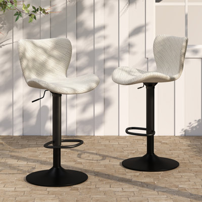 Set of 2 Outdoor Bar Stools with Backrest, All-Weather Teslin Adjustable Height Swivel Counter Chairs, Matte Black Base, Waterproof Cover Included for Patio, Poolside & Garden