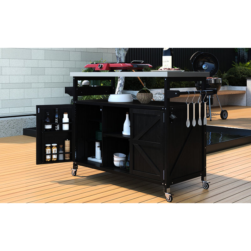 Modern Outdoor Cooking Table - Stainless Steel & Lockable Wheels Modular Barbeque Removable Parts Gas Hole Feature, Black