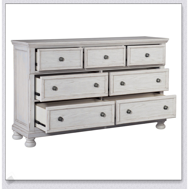 Commode 7 tiroirs à finition blanche antique avec tiroir caché, design traditionnel pour meubles de chambre à coucher classiques