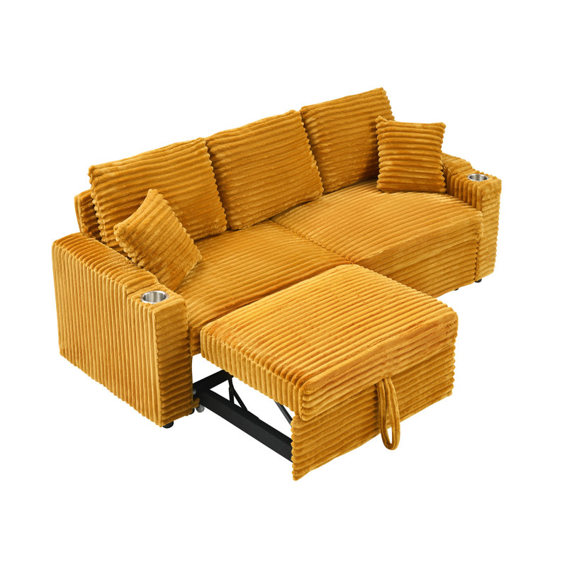 Sofa with Hidden Chaise Longue,Cup Holders and Pillows, Yellow Corduroy