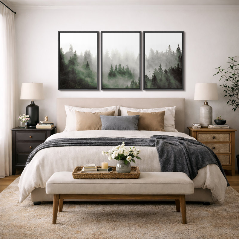 "Misty Forest Landscape" Moody Green Pine Tree, H 24 po x l 16 po, Noir
