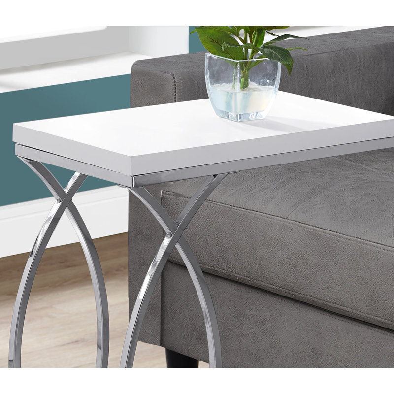Table d'appoint, en forme de C, bout, côté, collation, stratifié blanc brillant, métal chromé, contemporain, moderne, Blanc