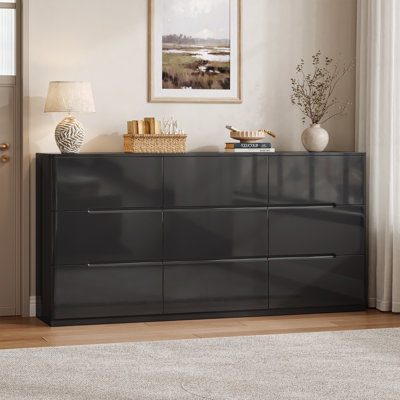 Commode 9 tiroirs l 60 po, armoire de rangement moderne ultrabrillante pour chambre à coucher, salon, noir