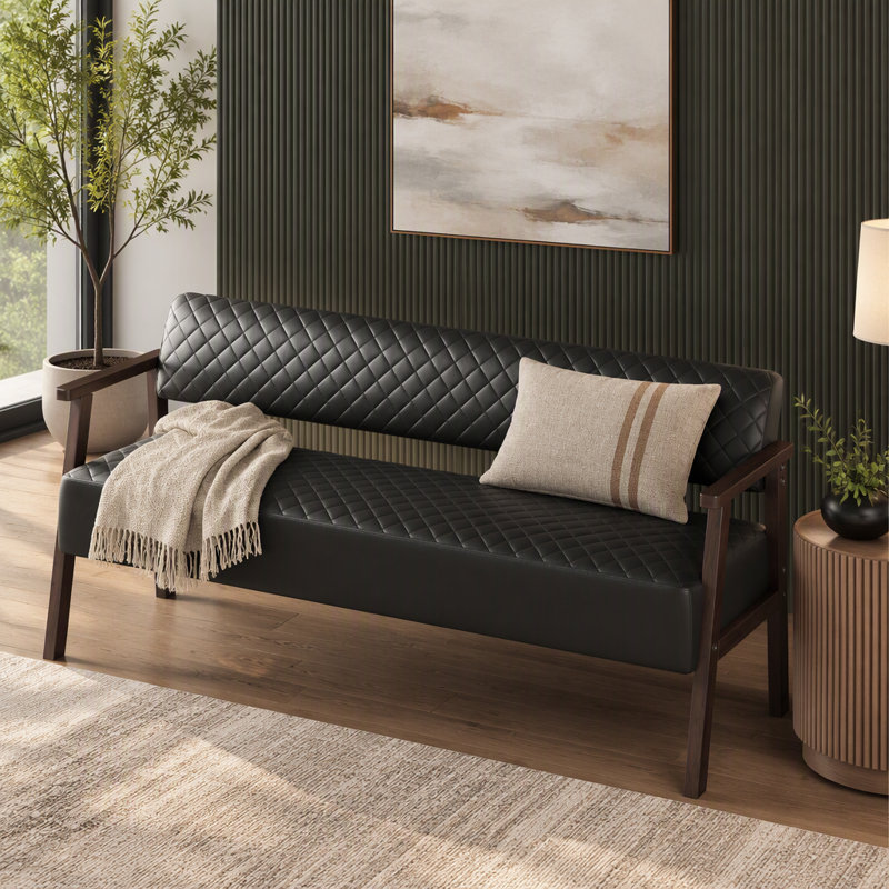 Banc d'attente de 148 cm (58,27 pouces) en similicuir PU matelassé à losanges avec accoudoirs en bois, pouvant supporter jusqu'à 136 kg (300 lb).