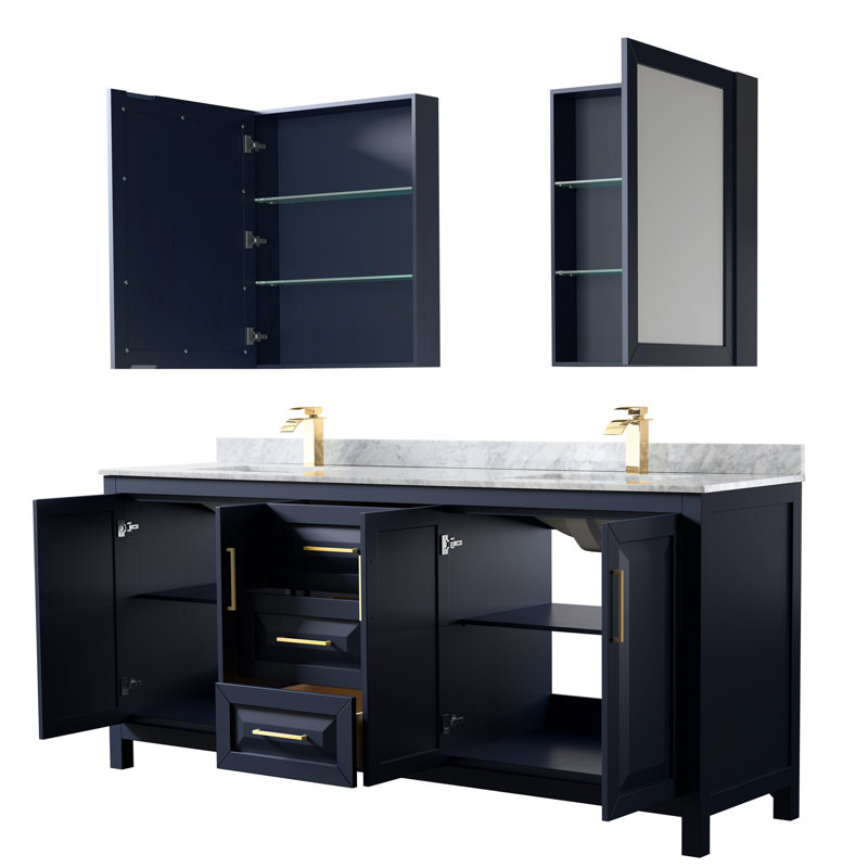 Daria 80'' W Double Vanity, Brushed Gold, Carrara Cultured Marble, Dark Blue