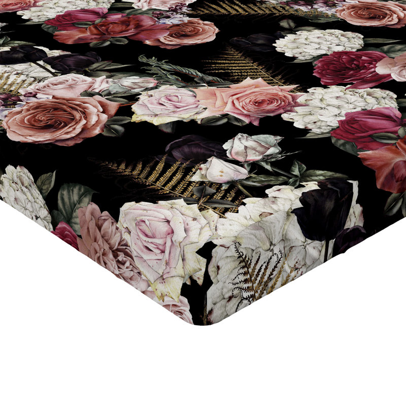 Drap-housse à motif floral Ambesonne, Drap-housse simple TG, Noir / rose / motif floral blanc