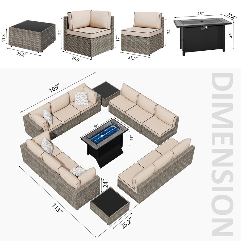 Ensemble de patio extérieur en osier pour 12 personnes avec coussins et foyer, Kaki, Bois naturel
