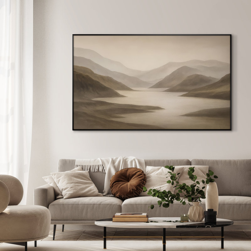 Extra Large Wall Art Fabric Print - Modern Neutral Abstract Landscape for Contemporary Home Artwork Decor for Living Room or Bedroom - "Frame Assembly Required (Unfinished Frame)"