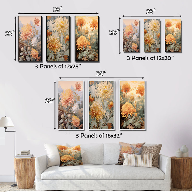 «Blooming White Orange Orange», art mural 3 pièces Wildflowers, Cadre flottant doré, H 20 po x l 36 po