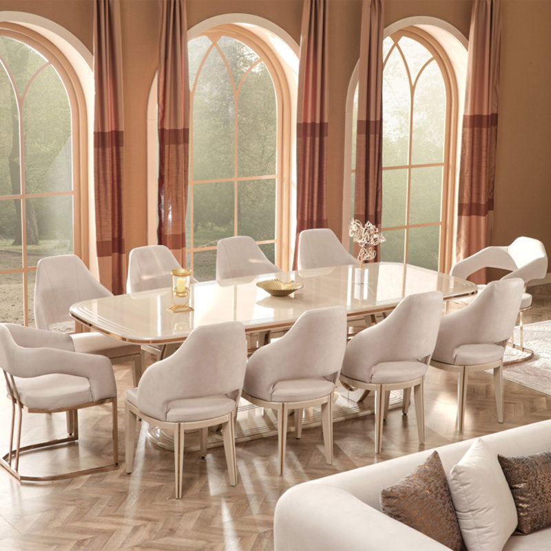 Ensemble de salle à manger luxueux en velours beige avec accents dorés - Plusieurs options de sièges disponibles, 11
