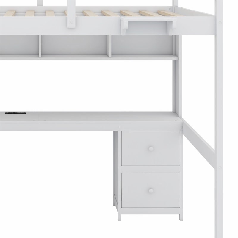 Loft Bed With Desk,Cabinets,Drawers And Bedside Tray,Charging Station, White