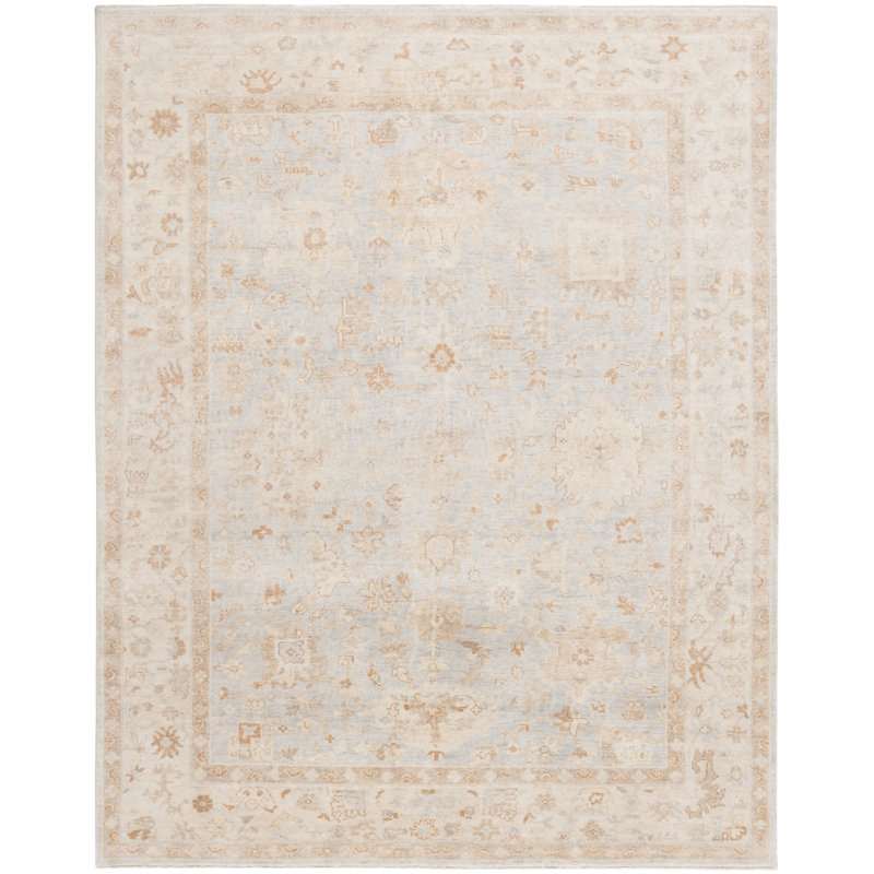 Rectangle Solid Color Hand-Knotted Wool/Cotton Area Rug in Beige, Rectangle 10' x 14'