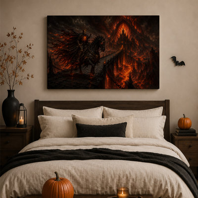 Roi squelette sombre sur un cheval noir traversant la lave - Toile murale d'Halloween