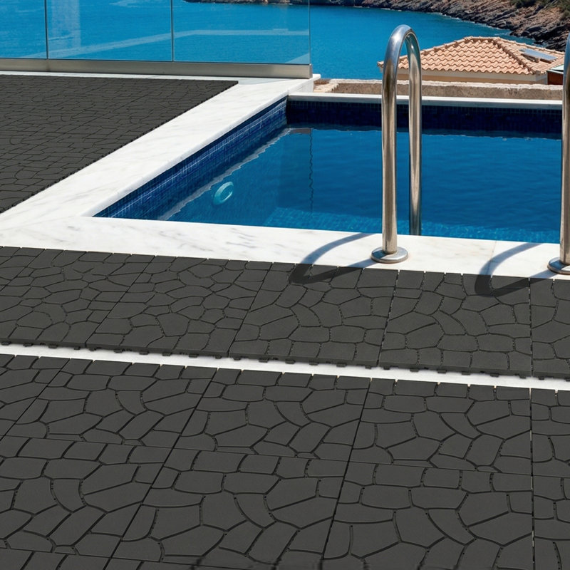 Carreaux de sol 12 po à emboîtement texturé en pierre 12 po, ensemble de 44 pièces, installation par encliquetage sans outil, drainage creux, PP résistant aux intempéries, antidérapant