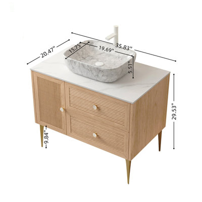 48" Bathroom Vanity & Sink, Freestanding Plywood Storage Cabinet with Legs, 1 Door & 2 Drawers, Carrara Sintered Stone Top & Marble Pattern Rectangle Ceramic Basin, Pre-assembled