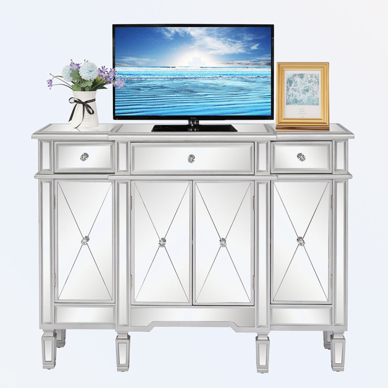 Console avec 3 tiroirs et 4 portes, porte en X en miroir MDF argenté