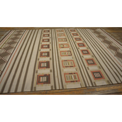 Earth Tone Vintage Mid Century Modern Geometric Flat Weave Cotton Dhurrie Rug