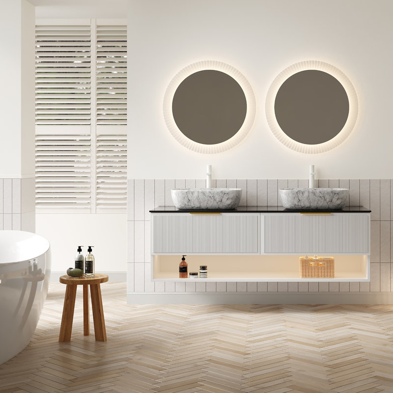 Meuble-lavabo double 60 po avec lavabo, éclairage DEL et plateau en pierre frittée 60 po