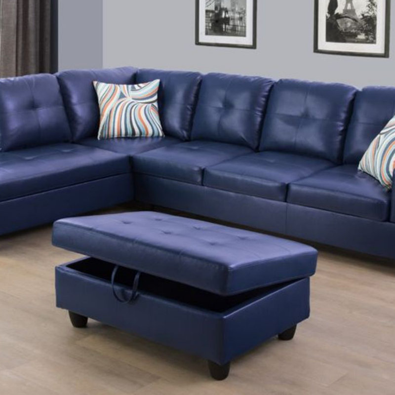 Faux Leather Storage Ottoman, Navy Faux Leather