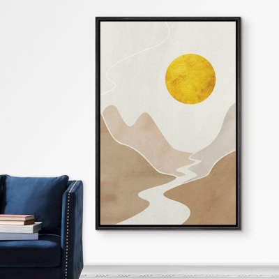 Signature signée, reproduction d'art sur toile encadrée, soleil doré sur une rivière, nature sauvage, art numérique, art moderne moderne Mid-Century coloré pour le salon, la chambre à coucher et le bureau - 16 po x 24 po - noir