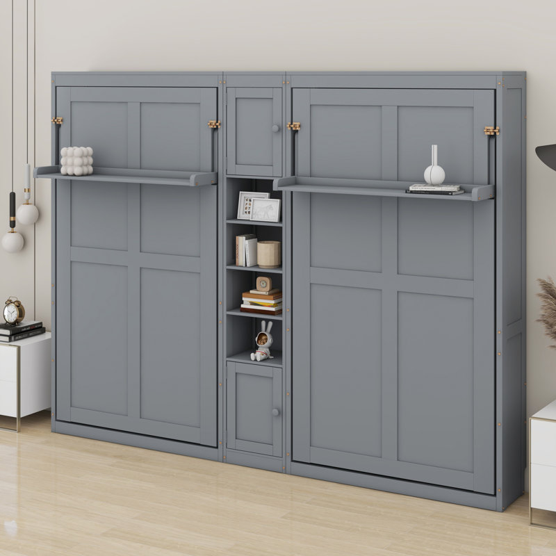 Dual Wall Murphy Beds With Cabinets And Shelves, Gray