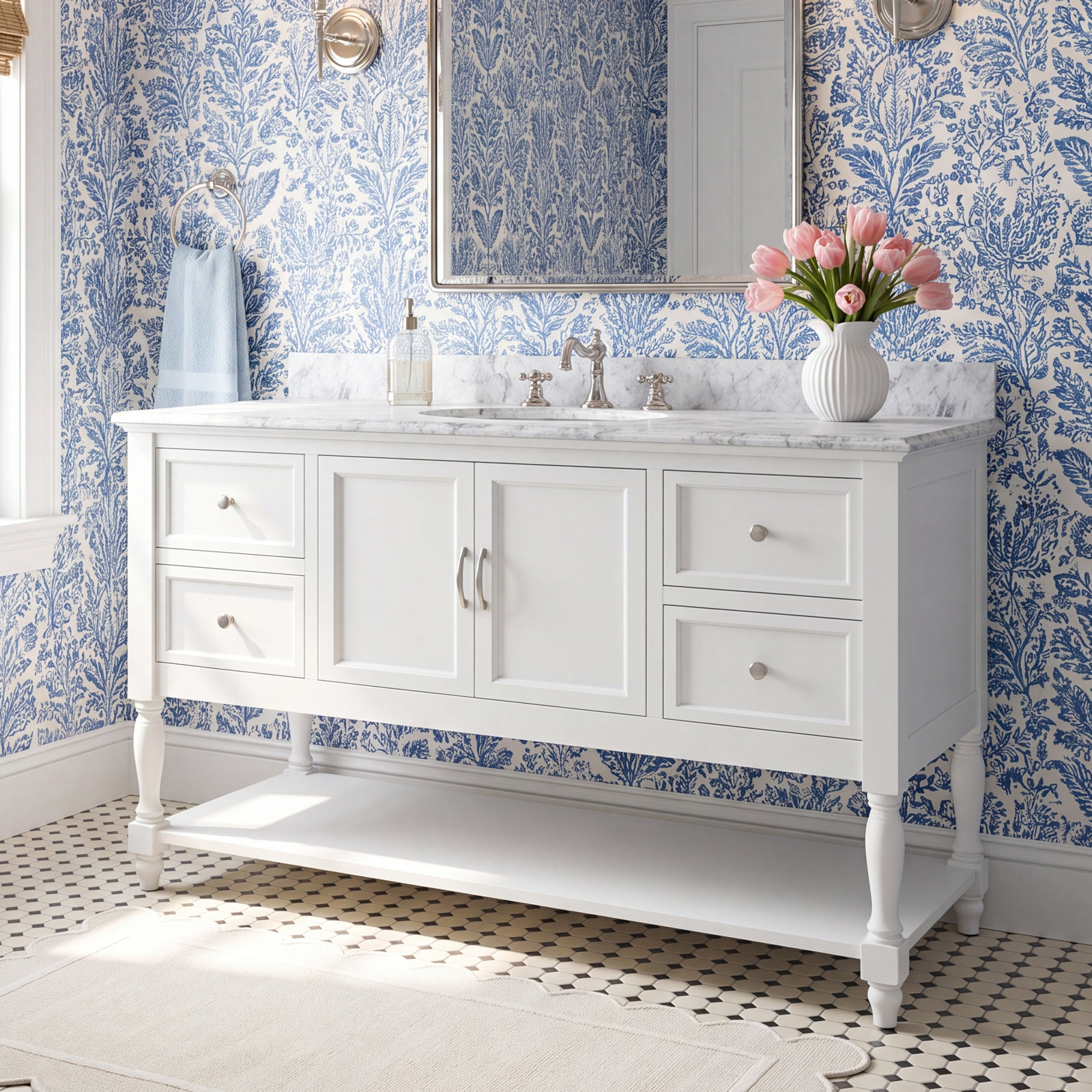 Hampton 60'' Single Bathroom Vanity, White, Carrara Marble