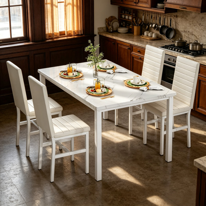Ensemble de salle à manger 5 pièces pour 4 personnes, table de salle à manger rectangulaire avec plateau en marbre blanc et 4 chaises rembourrées à haut dossier, ensemble de salle à manger moderne pour les petits coins-repas et les petits espaces