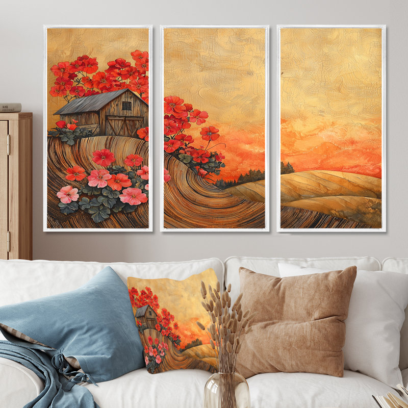 «Geraniums Flowers At Barn Landscape I» - art mural géraniums - ensemble de 3, H 28 po x l 36 po, Blanc
