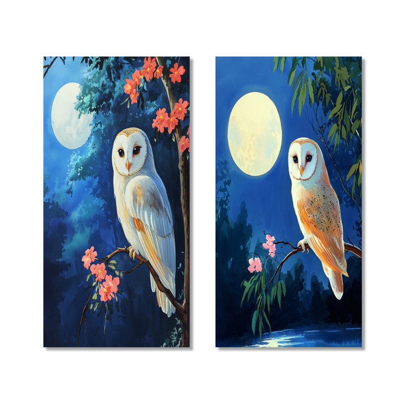 Floral chouette au clair de lune I - oiseau bleu, ensemble de 2 impressions murales en métal, 40" H x 40" W