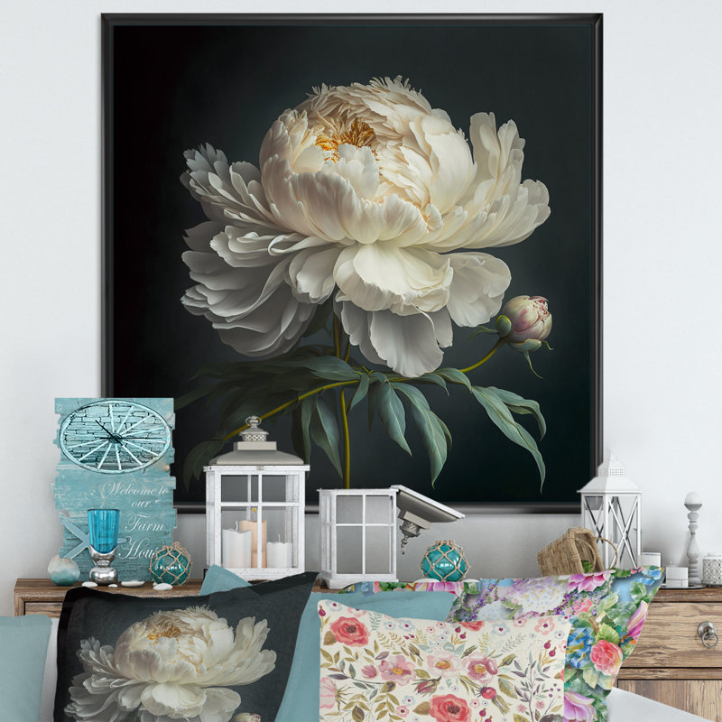 Blooming White Peony V - Art mural pivoine, H 30 po x l 30 po, Toile avec cadre flottant, Noir