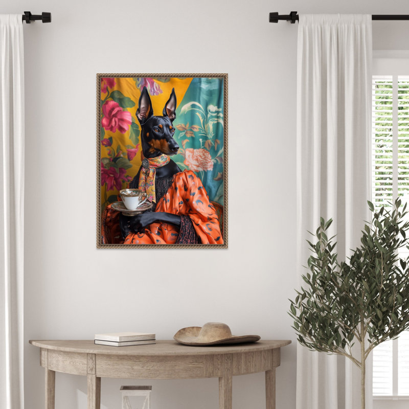 «The Tea Connoisseur Doberman» par Keyshanna, reproduction d'art sur toile encadrée, H 24 po x l 18 po