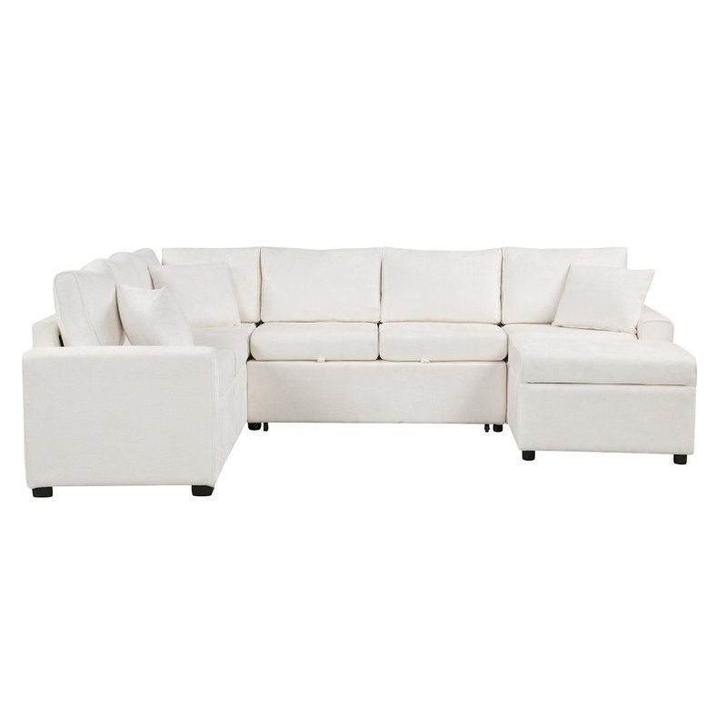 112.2" Sectional Sofa Pull-Out Sofa Bed Sleeper With A Storage Ottoman, Cream Chenille
