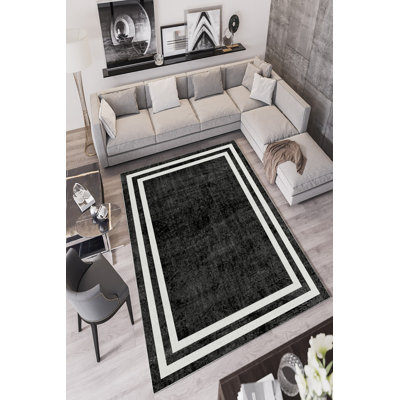 Premium Black Area Rug (5.9 x 9.2 ft), 100% Polyester, 650 g/m² | 4 mm Pile Height, Antibacterial, Eco-Friendly, Non-Slip PVC Dot Backing | Machine Washable, Digital Print Design | Ideal for Living Room & Bedroom Decor