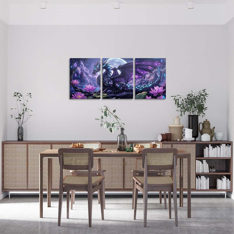 Magic Dragon Canvas Wall Art Set Of 3 Pieces, Western Wild Animal Wall Decor Prints Artwork For Living Room Bedroom, Purple Lotus Flower Wall Painting Posters, Kids Room Decor 12X16 Inch