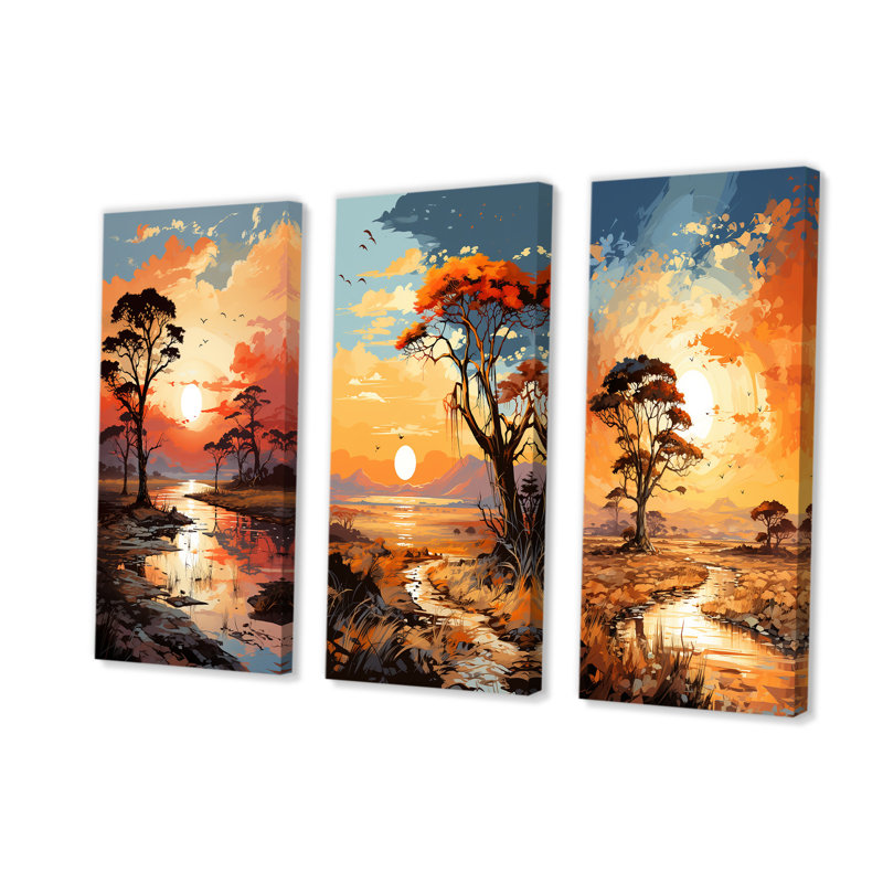 «African Sunset Essence Savanna Harmony I», ensemble d'art mural sur toile, arbre africain, Toile tendue, H 28 po x l 36 po