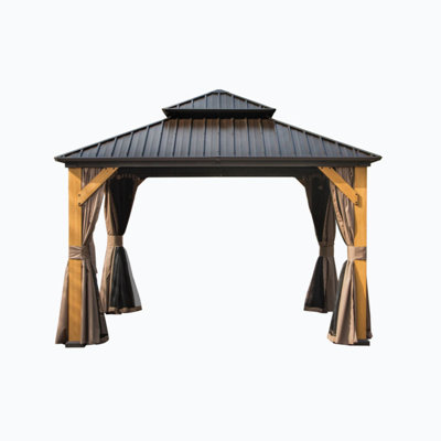 Patio Gazebo, Permanent Metal Pavilion with Curtains and Netting ,Outdoor Cedar Frame Canopy