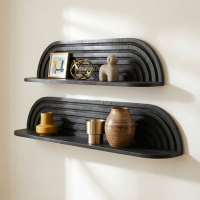 Black Floating Wall Shelf Set of 2, Wall Mounted Rutsic Farmhouse Solid Wood Shelves - Modern for Bedroom, Bathroom, Living Room, Kitchen Decor & Storage
