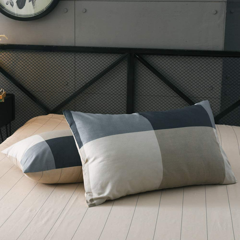 Modern Gray and Beige Cotton Plaid Queen Duvet Cover Set