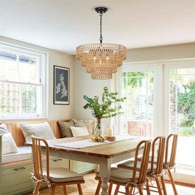 Lustre en rotin Boho, luminaire de salle à manger 6 lumières, luminaire suspendu en osier avec abat-jour tissé à 4 niveaux, grands lustres de style campagnard pour la salle à manger, la cuisine et le salon