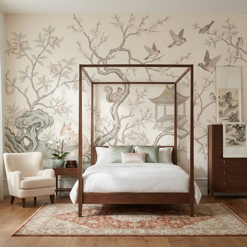 Papier peint chinois à branches murales amovibles, Texturé non collé, 200 po x 120 po