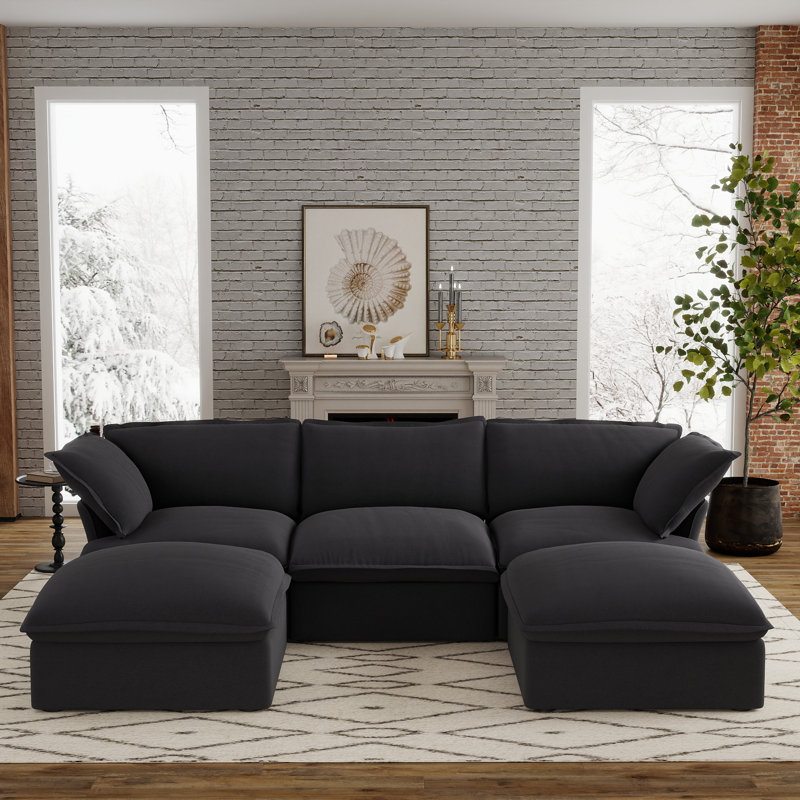 5-Piece Upholstered Modern Linen Fabric Sectional With Storage Ottoman, Black