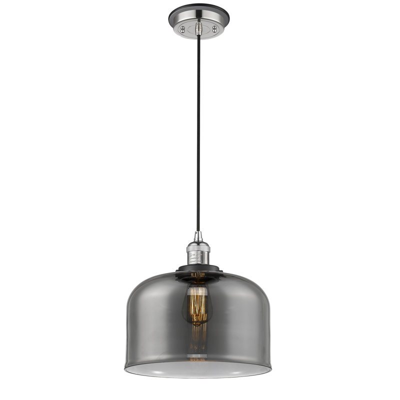 Luminaire suspendu en forme de cloche à 1 lumière Lattimer, Nickel poli et décorations noir mat, Plaqué couleur fumée